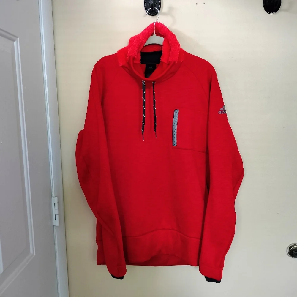 Adidas Climaheat M Red Fleece Fur Funnel Neck Sweatshirt Warm Outdoors